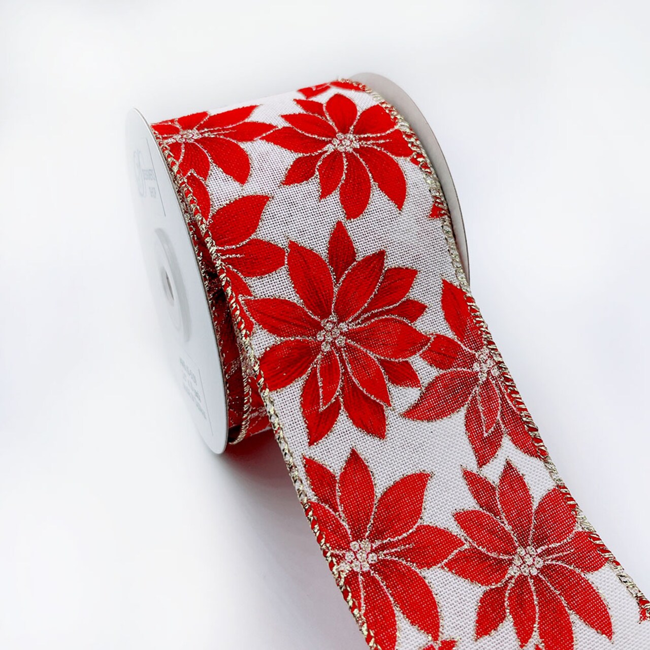 Designer's Shop Holiday Gold / Red Poinsettias Burlap wired edge ribbons, WR 63-5150. 2.5" x 10 yards